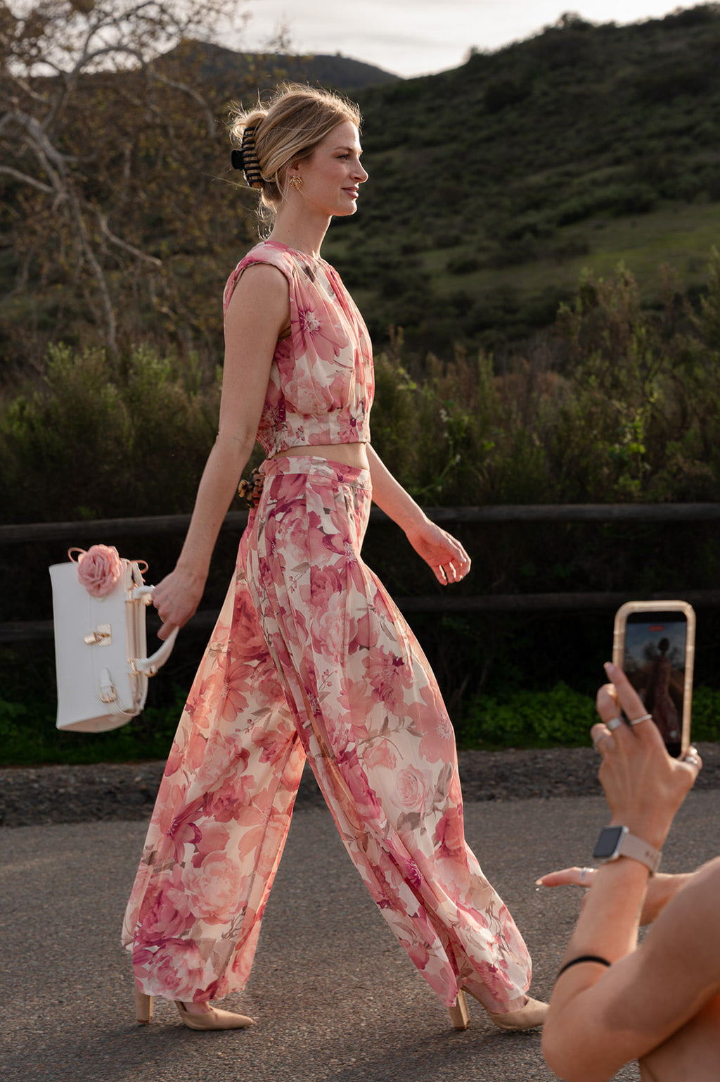 Elowen High Waist Wide Leg Floral Print Pants Pink