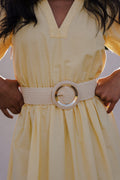 Evangeline Gold Circular Buckle Straw Waist Belt Beige