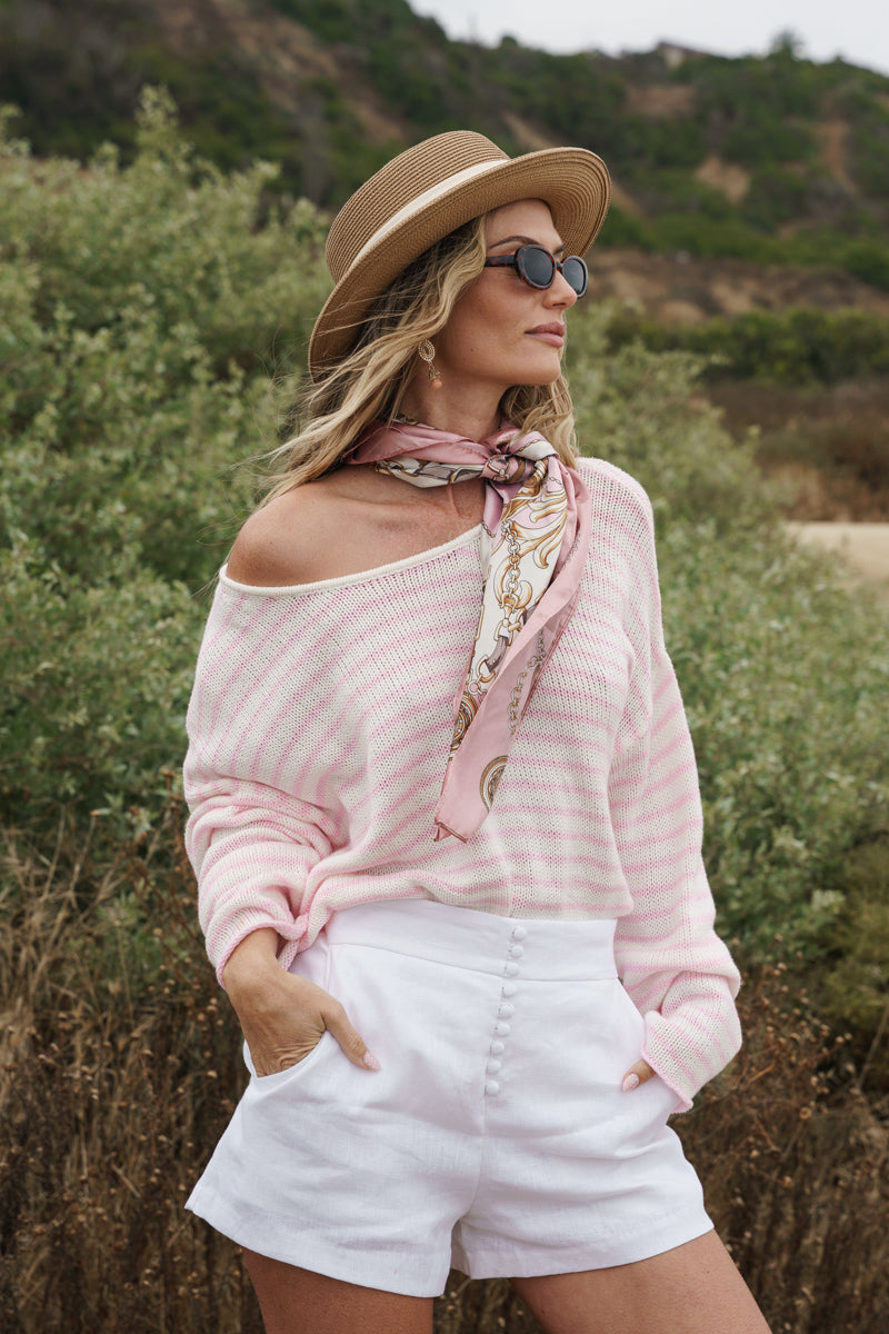 Ada Long Sleeve Stripe Print Knit Top Pink