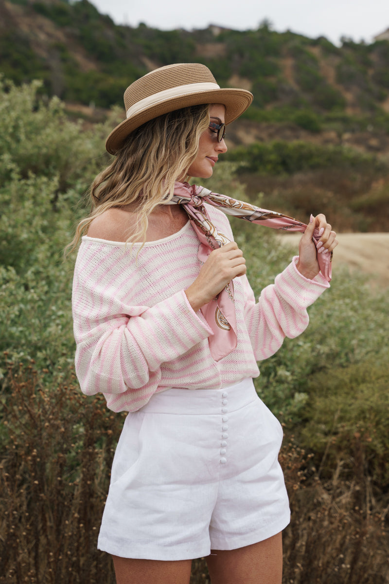 Ada Long Sleeve Stripe Print Knit Top Pink