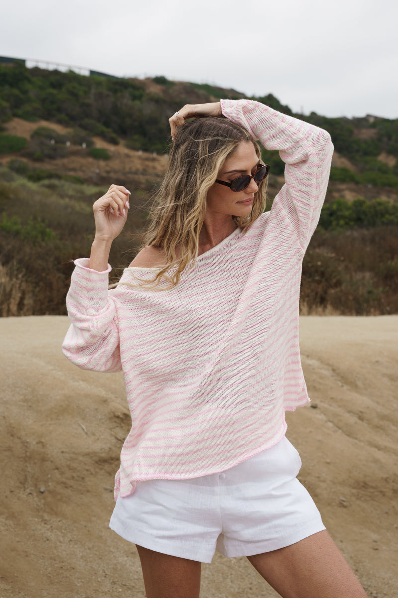 Ada Long Sleeve Stripe Print Knit Top Pink
