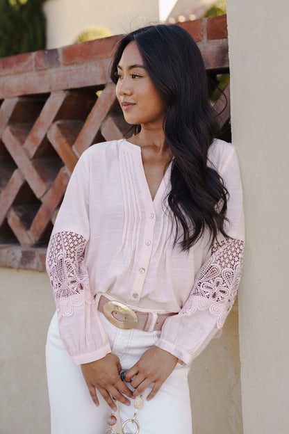Becks Long Lace Sleeve Button Down Pintuck Top Blush