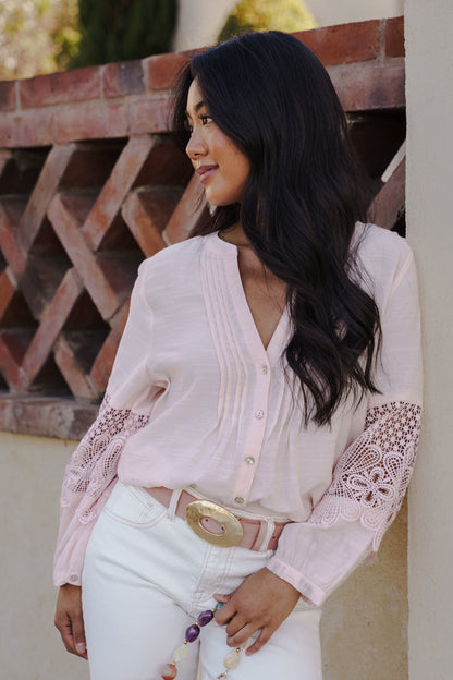 Becks Long Lace Sleeve Button Down Pintuck Top Blush