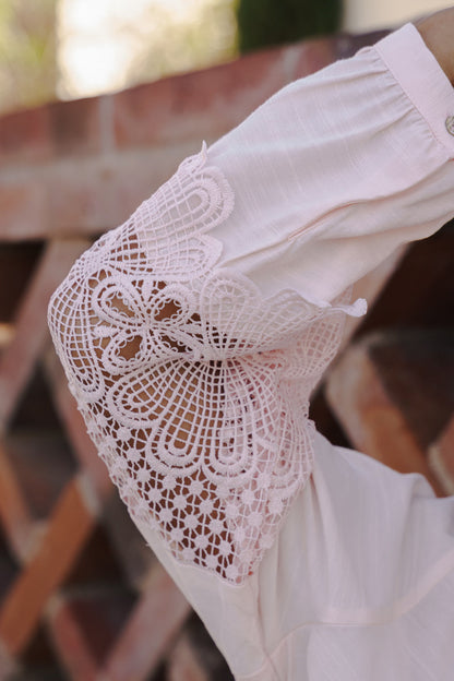 Becks Long Lace Sleeve Button Down Pintuck Top Blush