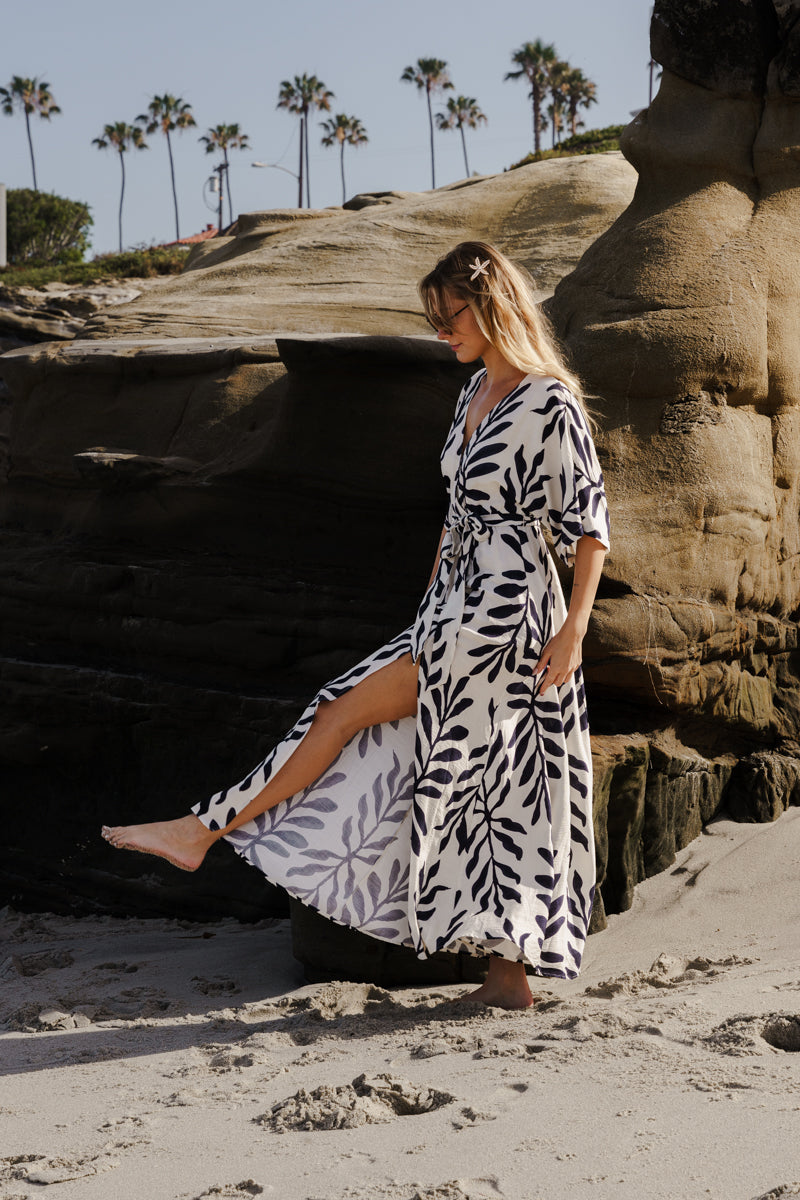 Maryann Short Kimono Sleeve Palm Print Maxi Dress Navy