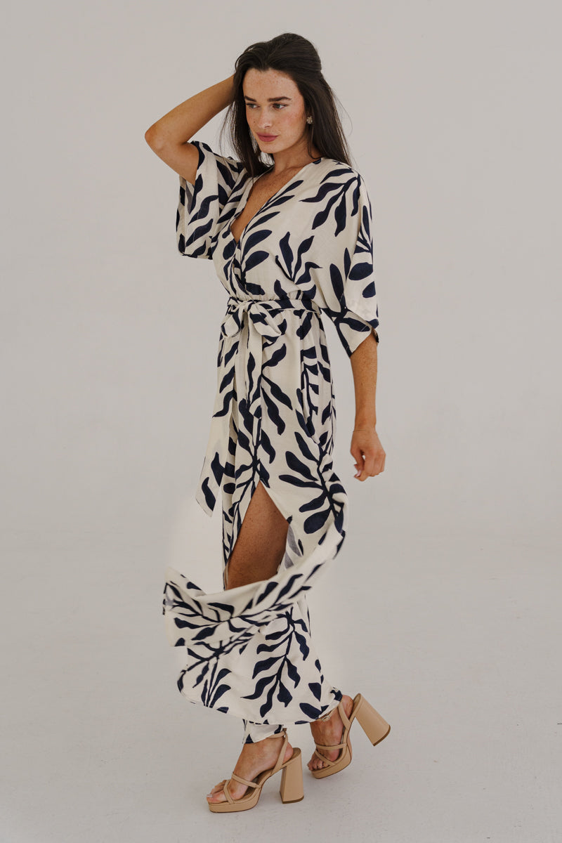 Maryann Short Kimono Sleeve Palm Print Maxi Dress Navy