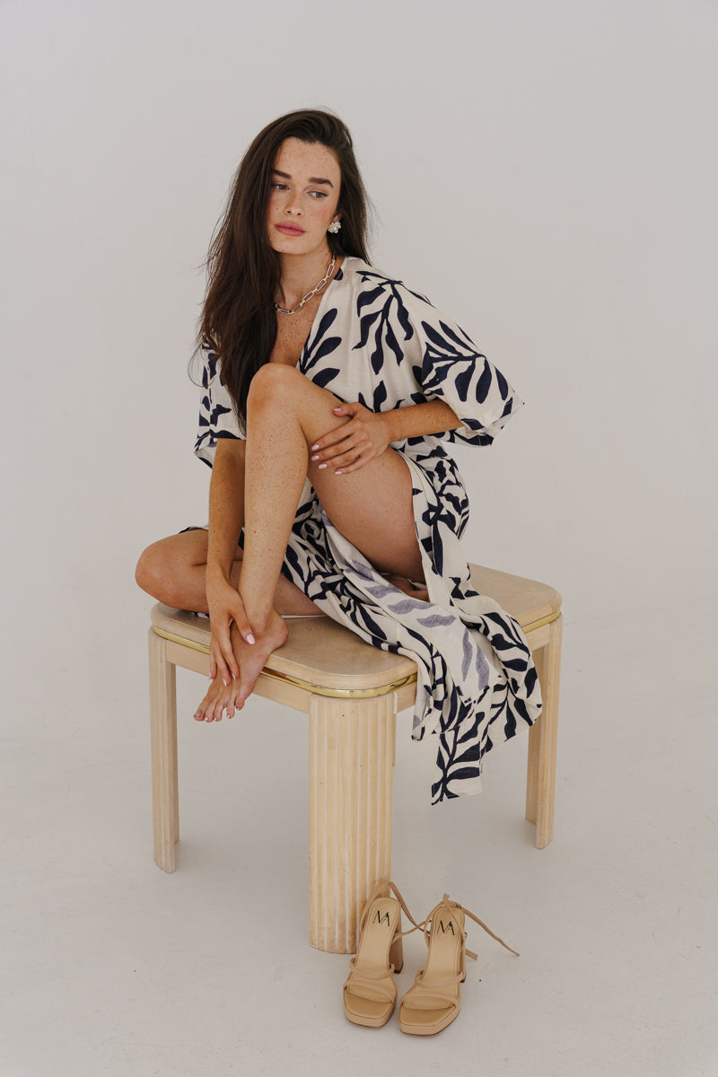 Maryann Short Kimono Sleeve Palm Print Maxi Dress Navy