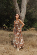 Nalani Sleeveless Open Back Floral Print Midi Dress Brown