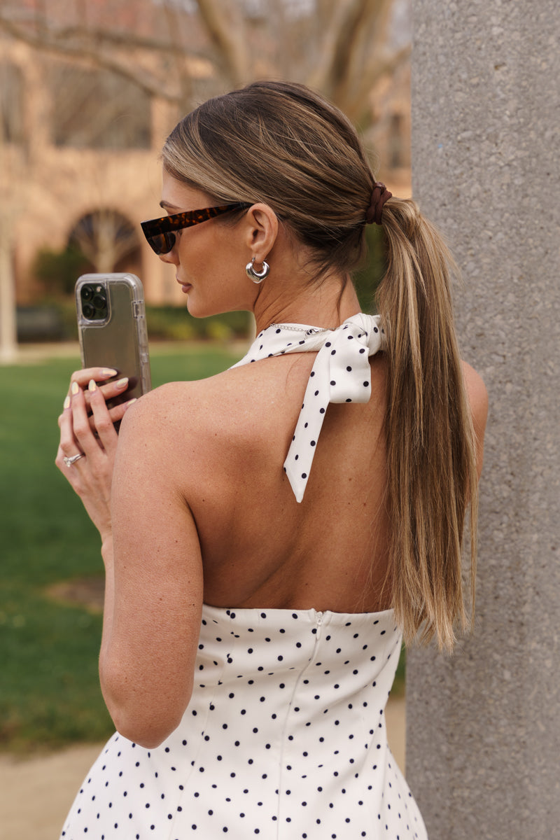 Myra Sleeveless Halter Polka Dot Print Mini Dress White