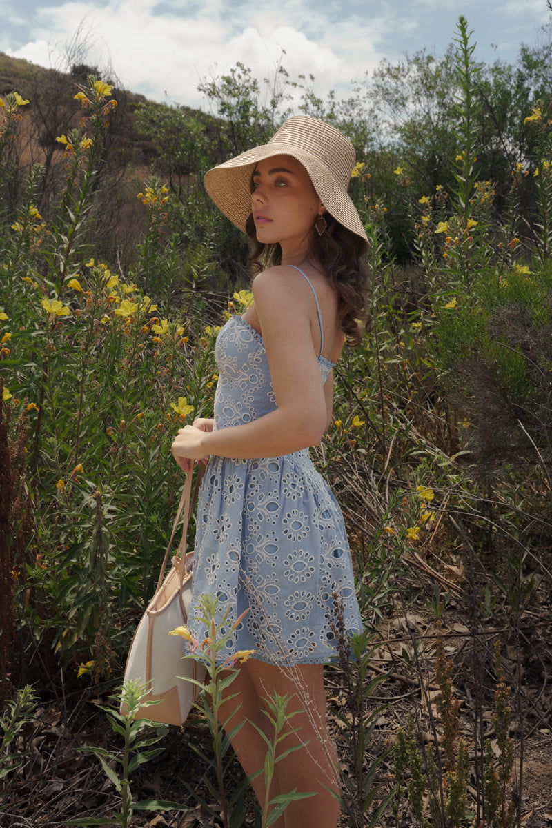 Alicia Sleeveless Embroidered Eyelet Mini Dress Blue