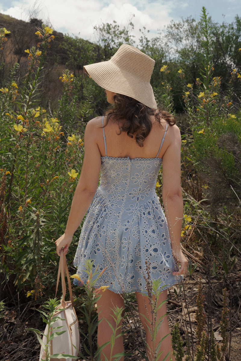 Alicia Sleeveless Embroidered Eyelet Mini Dress Blue