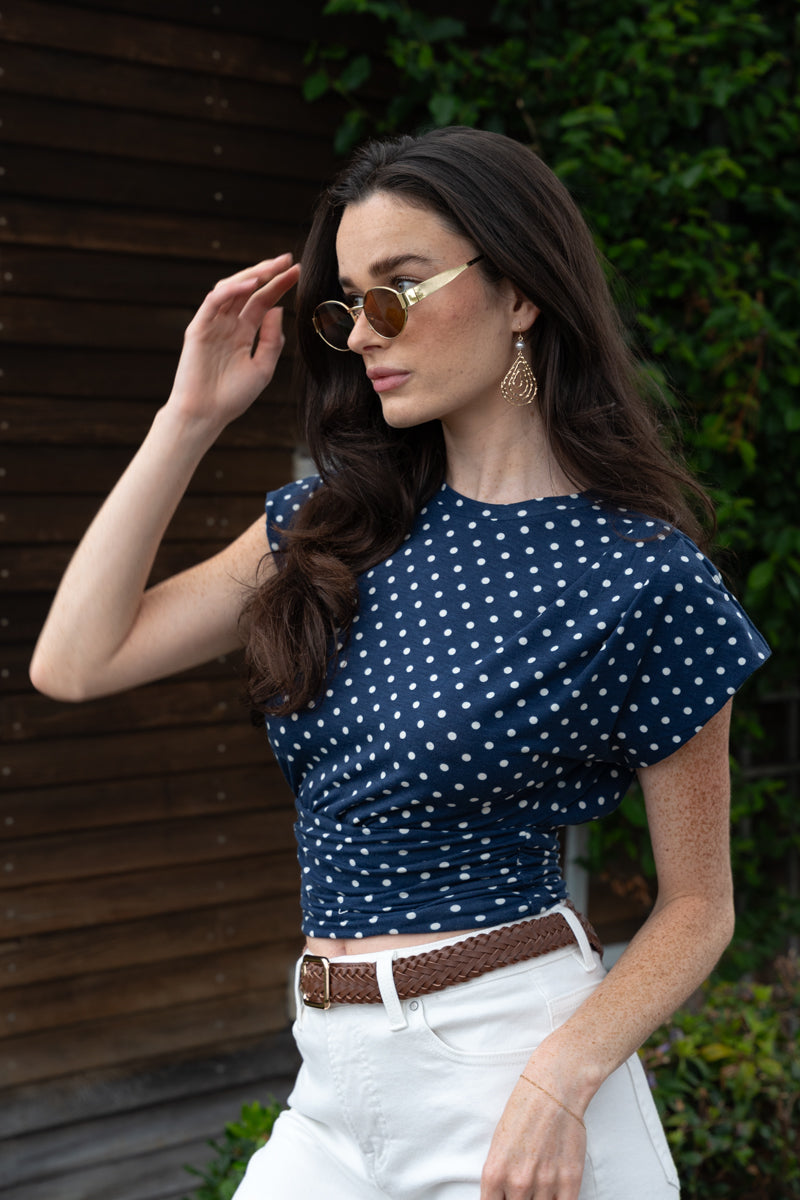 Jocelyn Short Sleeve Polka Dot Print Crop Top Navy