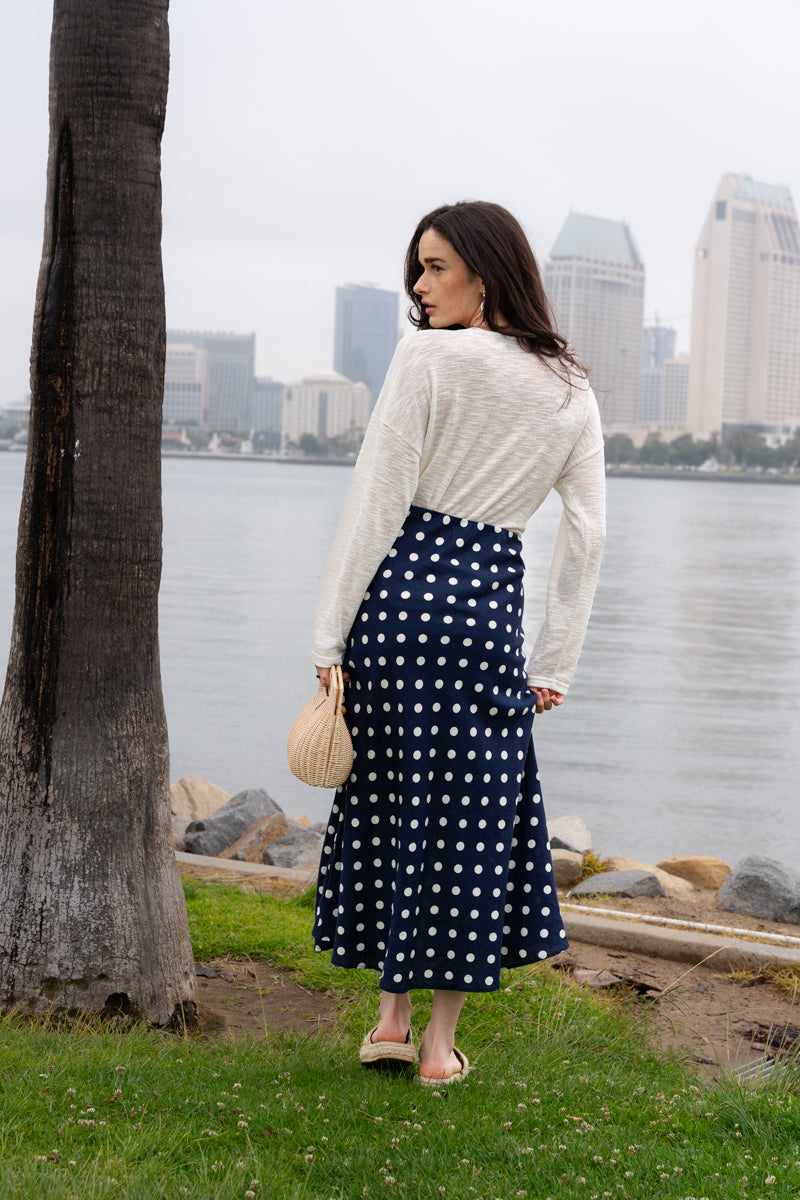 Nicole High Waist Polka Dot Print Maxi Skirt Navy