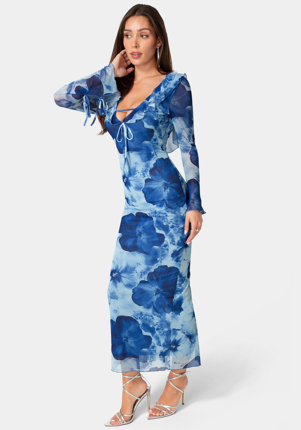 Ruffle Detail Mesh Maxi Dress