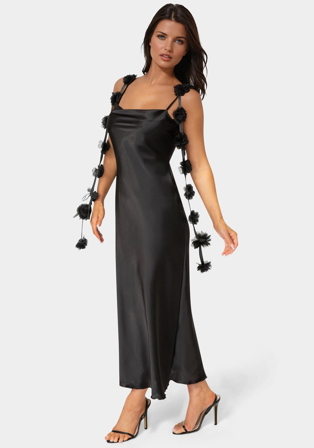 Cascading Floral Satin Maxi Dress