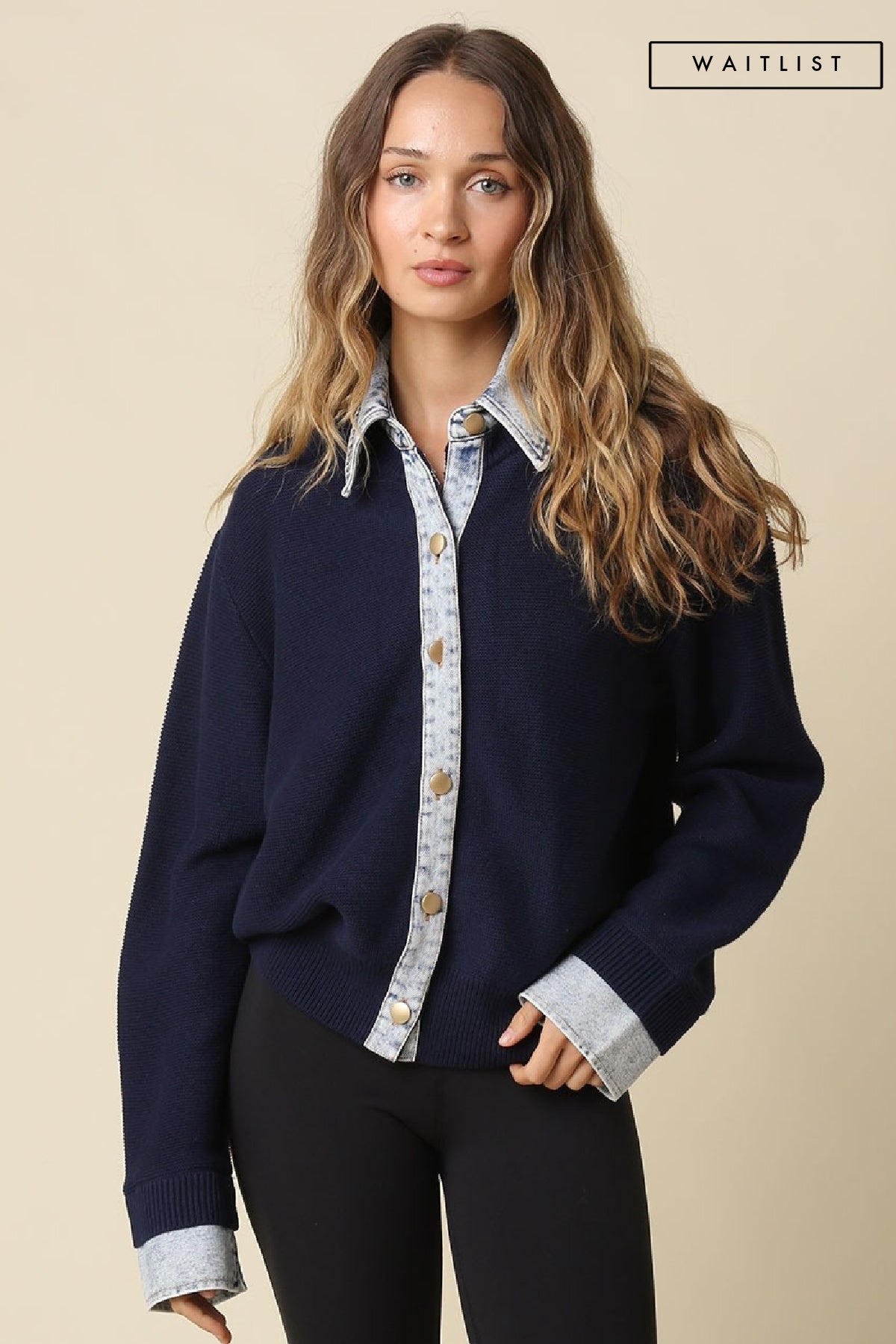 Waitlist 8/20 • Blaire Long Sleeve Button Down Contrast Denim Knit Cardigan Navy