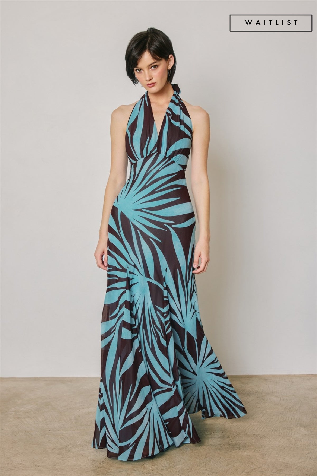 Waitlist 8/5 • Monica Sleeveless Halter Open Back Leaf Print Maxi Dress Blue