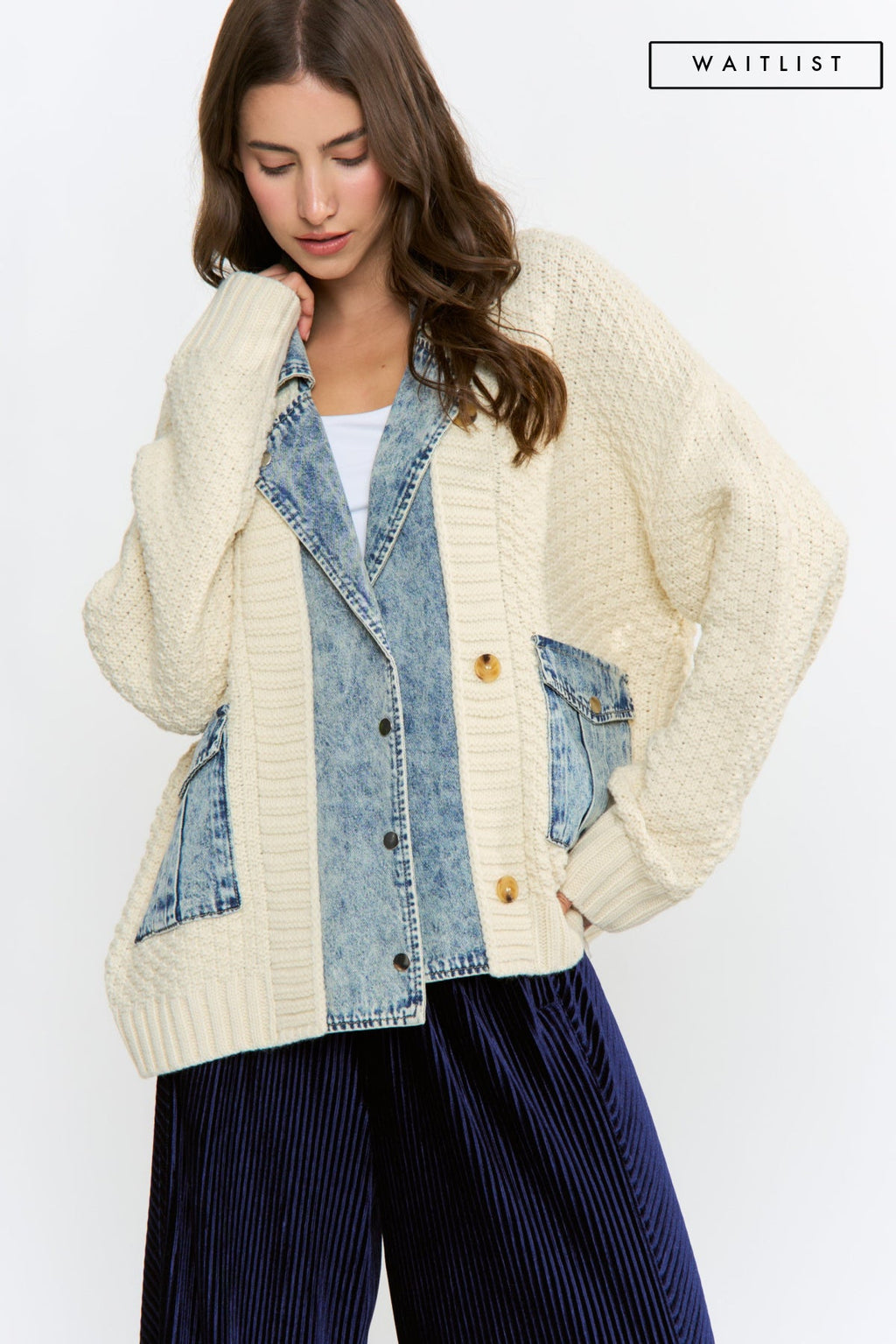Waitlist 8/25 • Clarissa Long Sleeve Cable Knit Denim Trim One Size Shacket Ivory