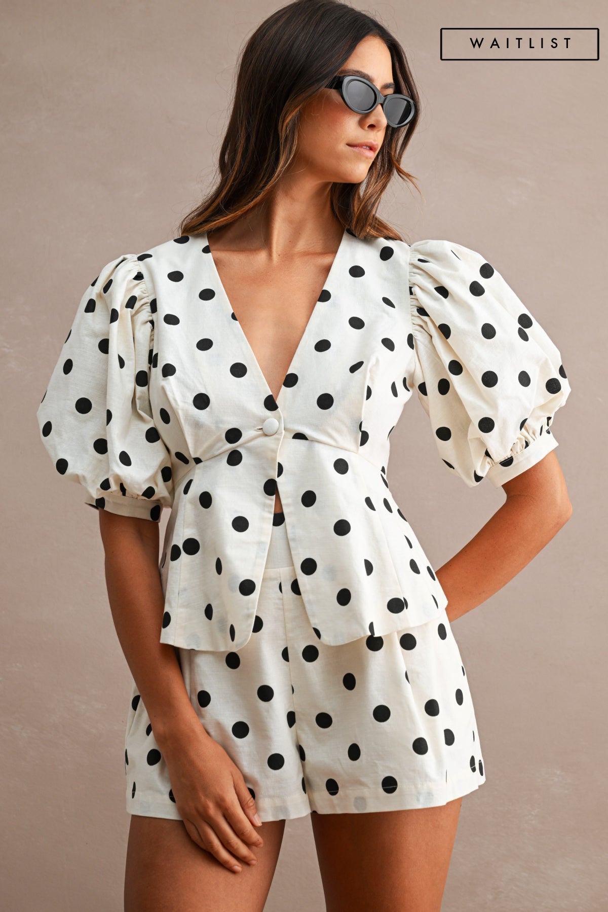 Waitlist 8/5 • Bianca Short Puff Sleeve Peplum Top And Polka Dot Shorts Set Cream