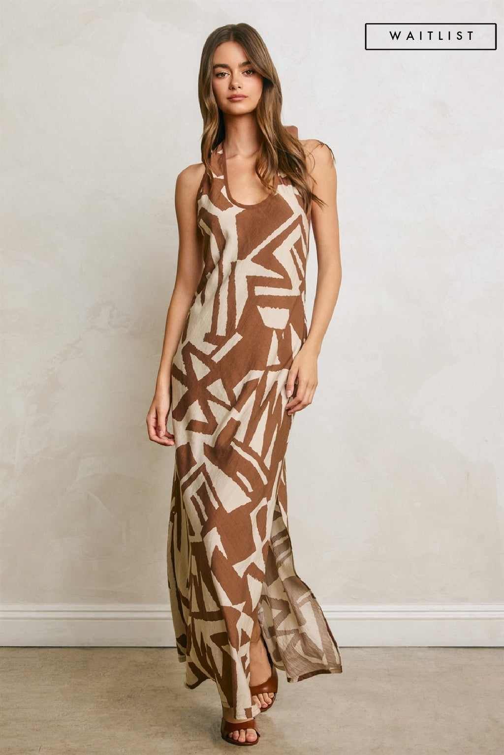 Waitlist 7/25 • Taylor Sleeveless Halter Abstract Print Maxi Dress Brown