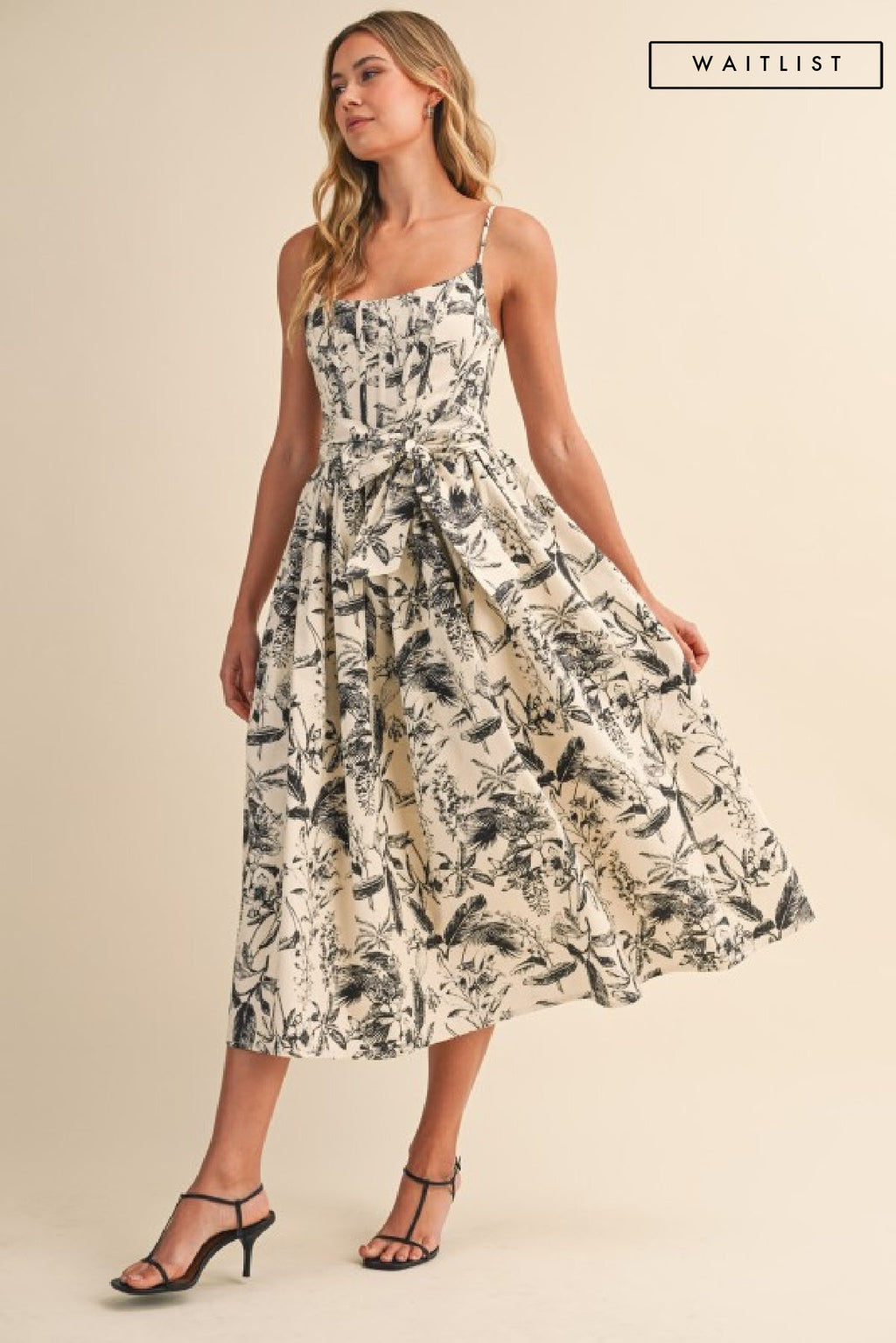 Waitlist 7/20 • Lauren Sleeveless Waist Tie Floral Print Midi Dress Black
