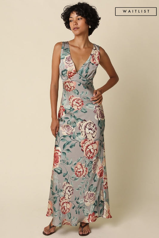 Waitlist 8/20 • Rosa Sleeveless Open Back Elegant Floral Print Satin Maxi Dress Sage