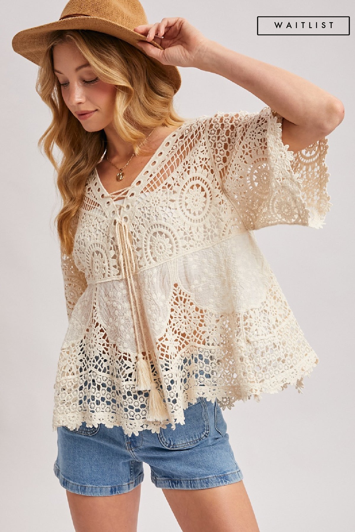 Waitlist 7/23 • Davina 3/4 Sleeve Front Tie Sheer Crochet Lace Top Natural