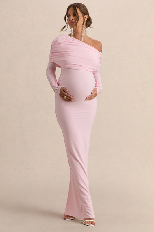 Carleigh | Light Pink Asymmetric-Neck Maternity Maxi Dress With Draped Detailing