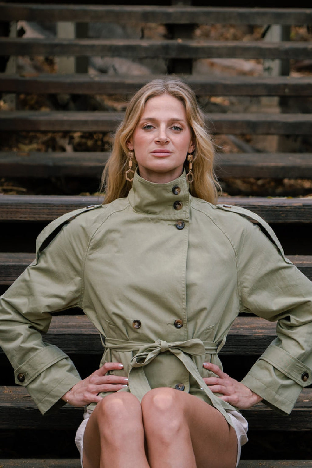 Marlowe Long Sleeve Double Breasted Waist Tie Jacket Olive