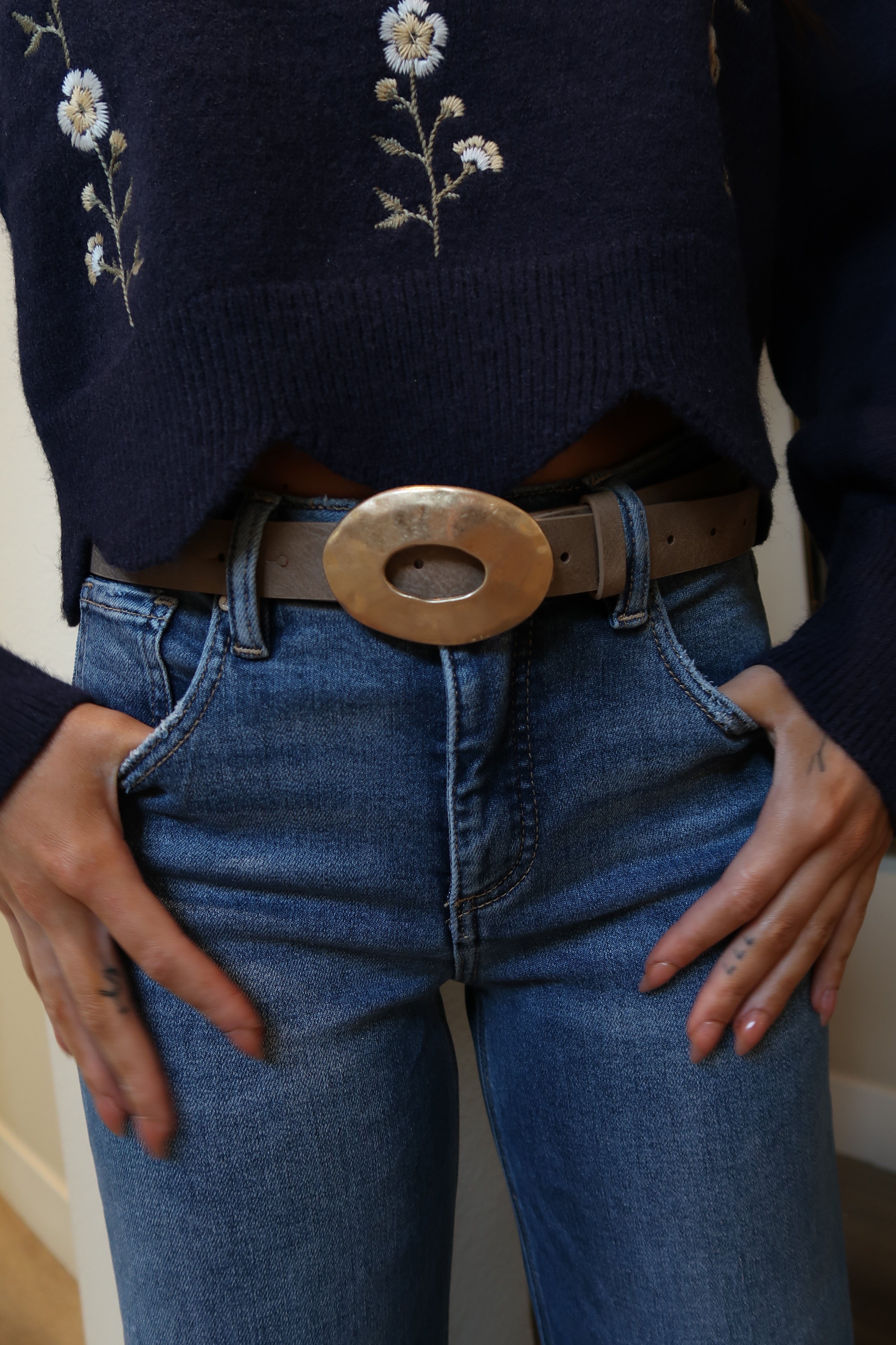 Katie Hammered Oval Buckle Belt Brown