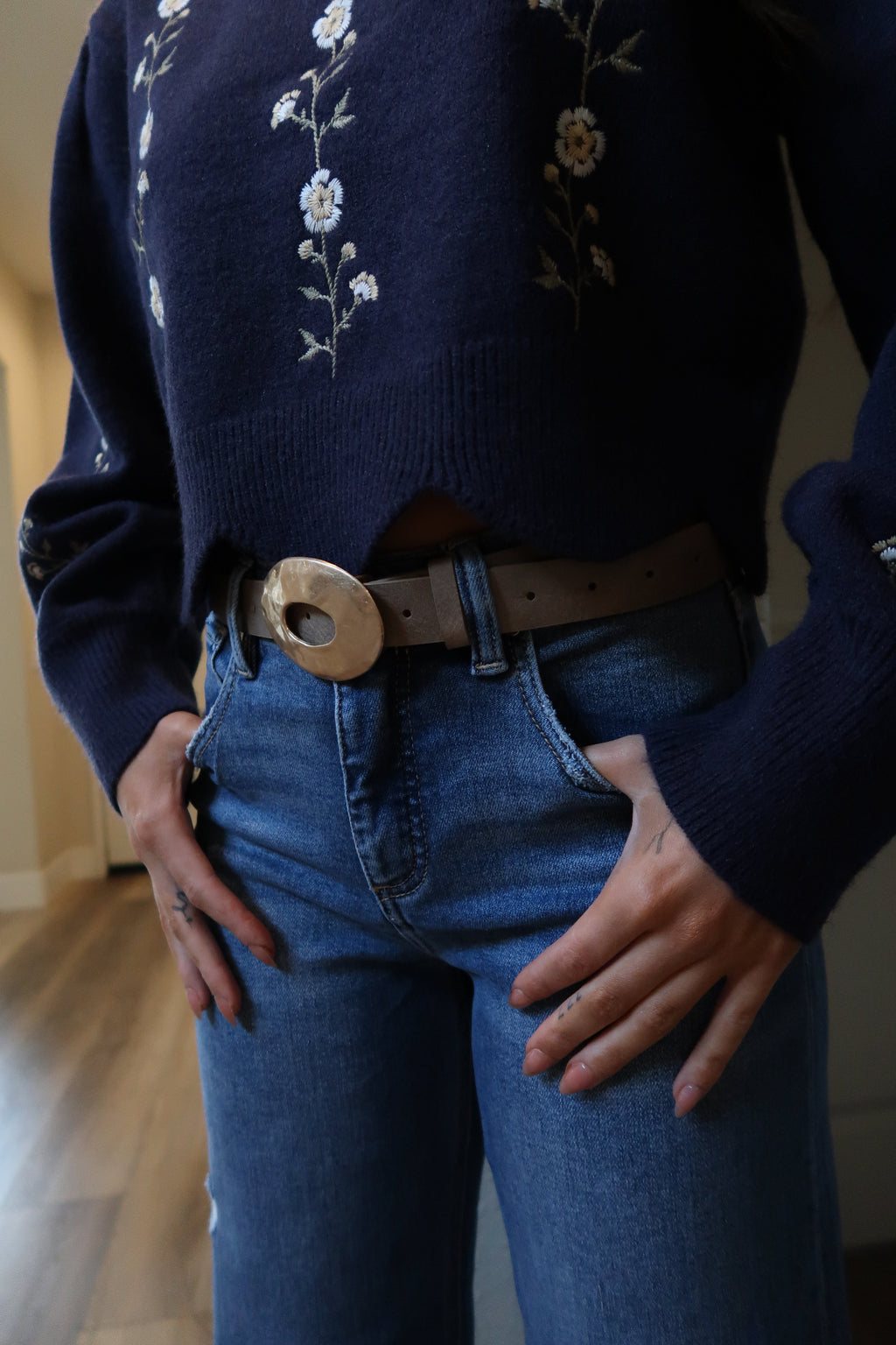 Katie Hammered Oval Buckle Belt Brown