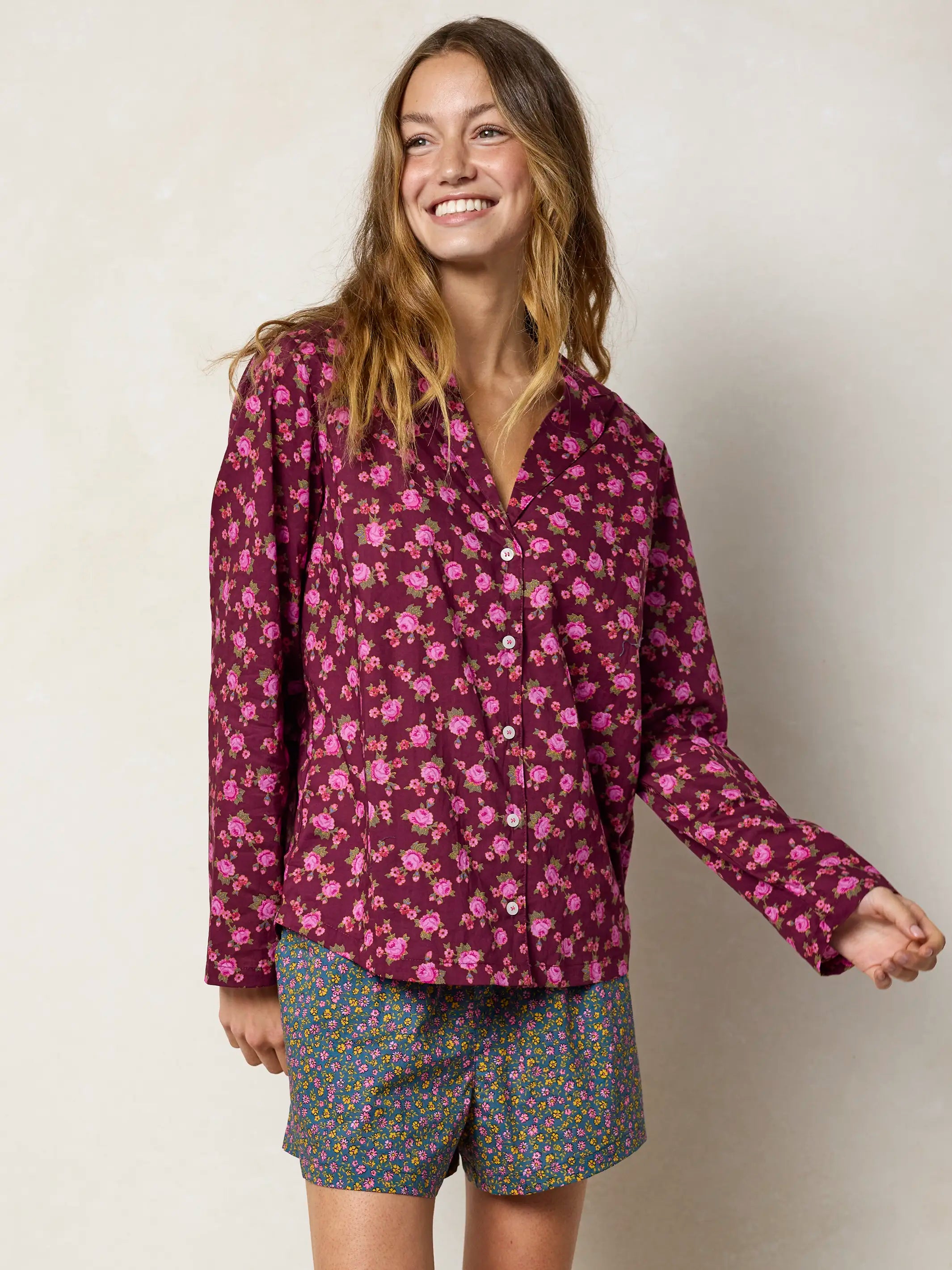 Mix & Match Cotton Long Sleeve Pajama Top - Porto Ditsy Merlot
