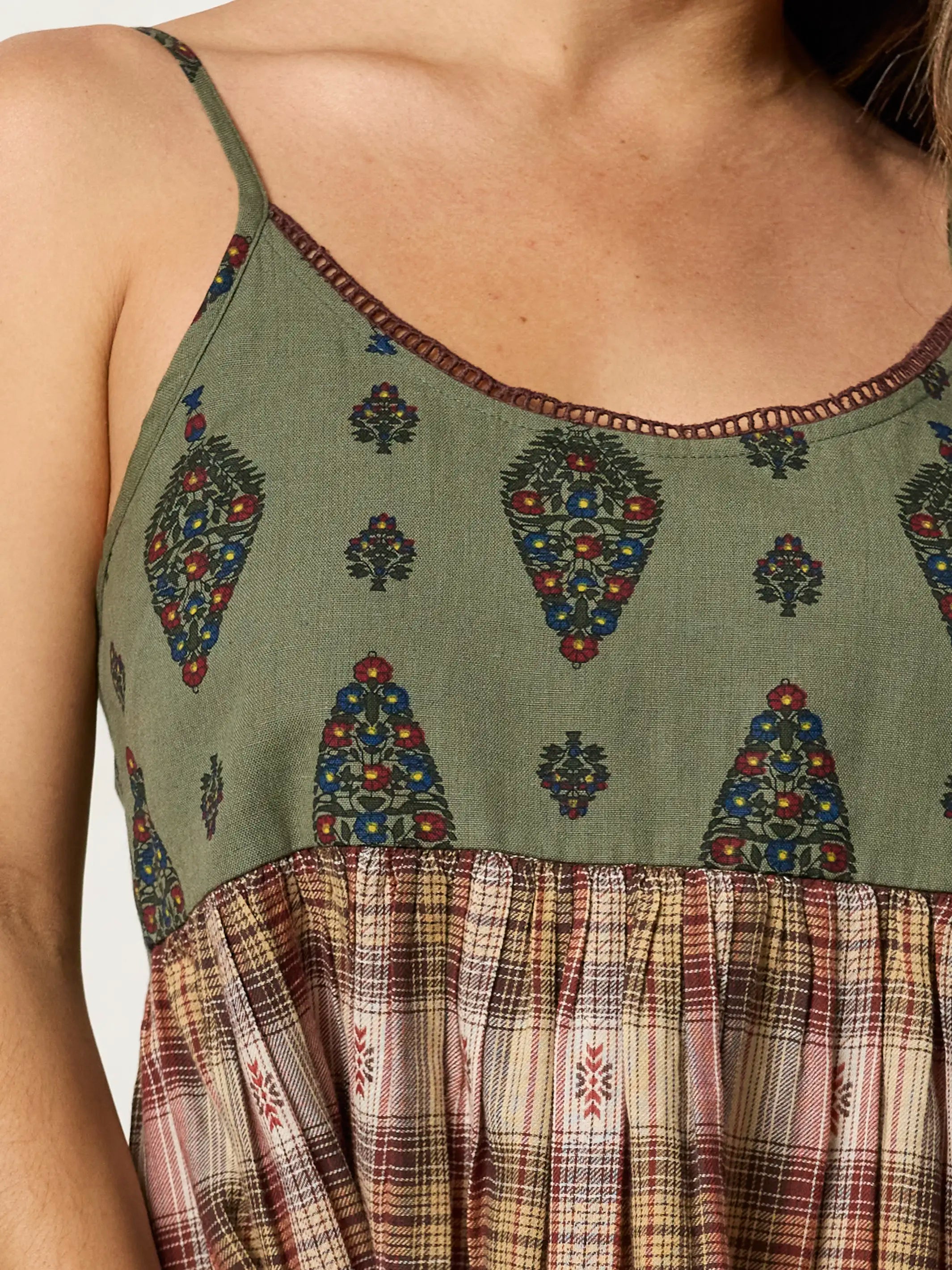 Gigi Mini Dress - Tan Plaid Green Medallion