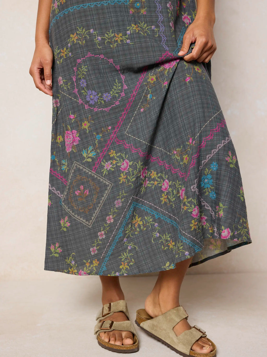 Gracie Slip Maxi Dress - Heirloom Cross Stitch Charcoal