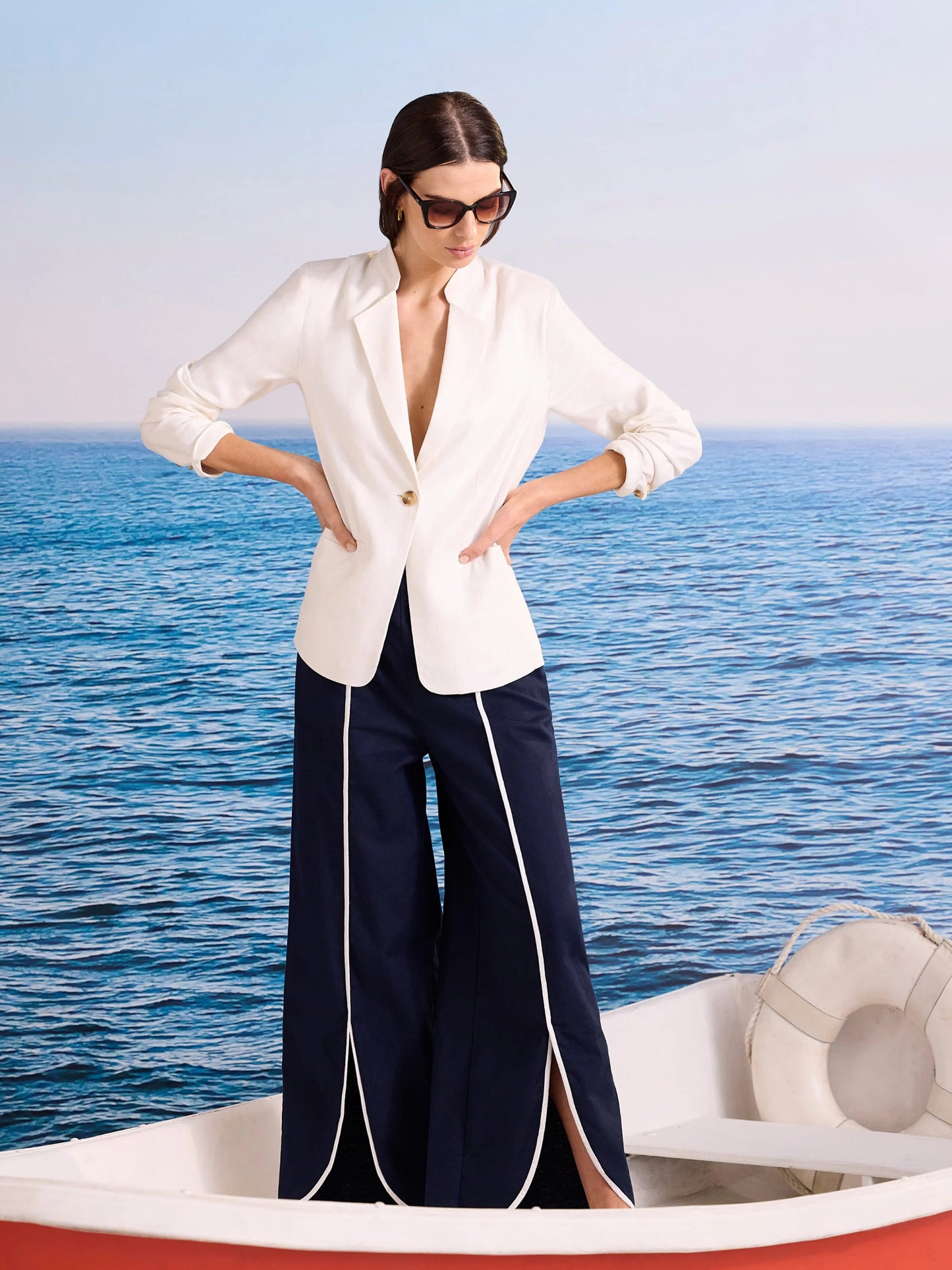 Piped Wide Leg Linen Split Seam Pant