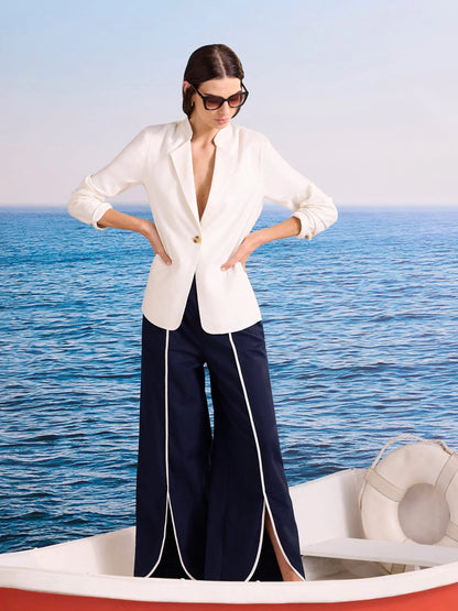 Piped Wide Leg Linen Split Seam Pant
