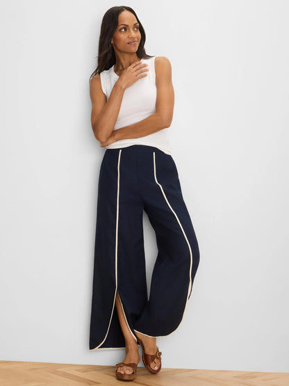 Piped Wide Leg Linen Split Seam Pant