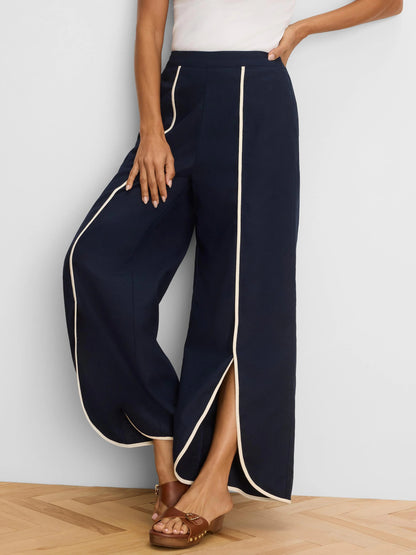 Piped Wide Leg Linen Split Seam Pant