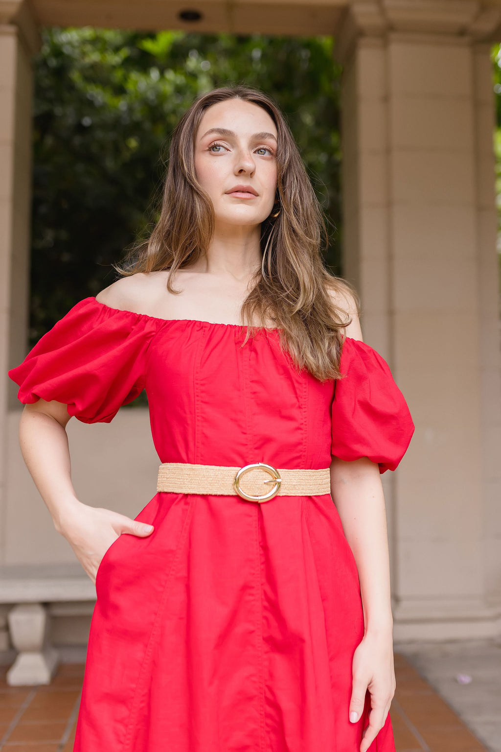 Tessa Gold Buckle Straw Waist Belt Taupe