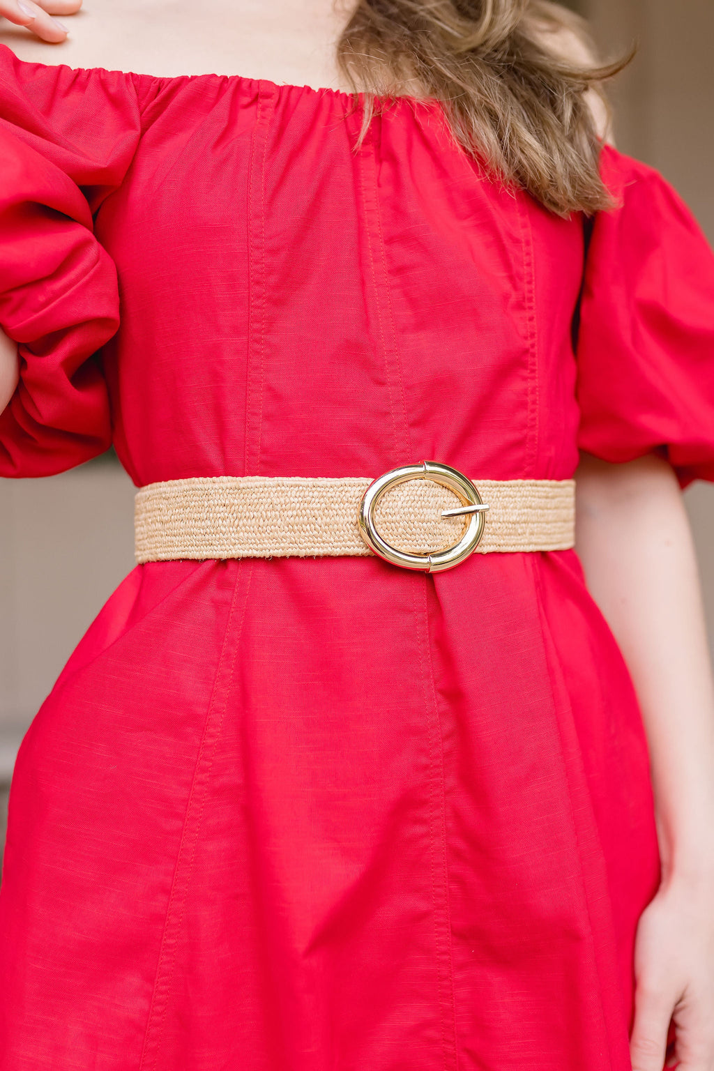 Tessa Gold Buckle Straw Waist Belt Taupe