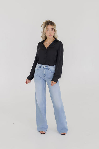Colleen Long Sleeve Button Down Satin Top Black