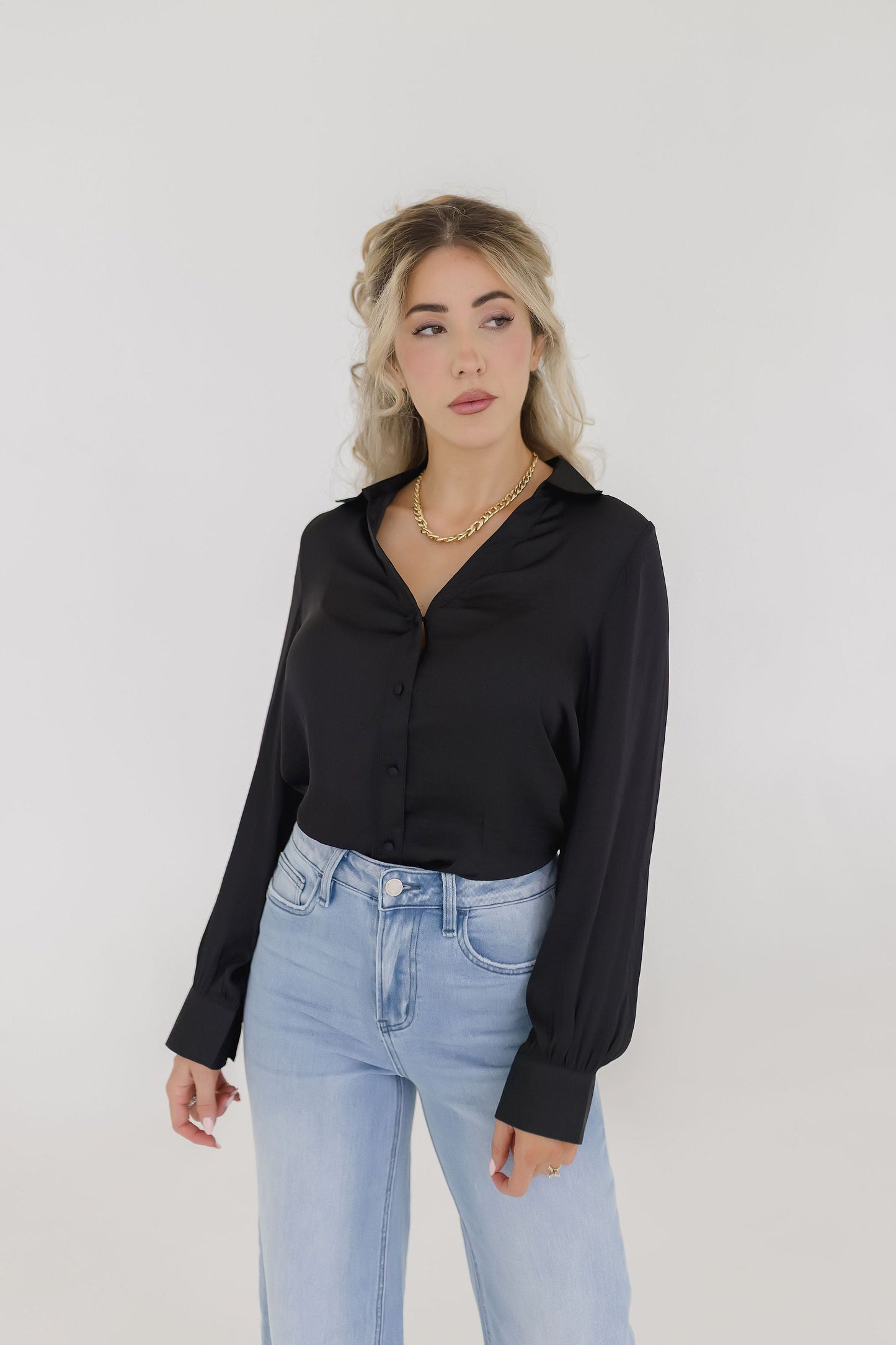Colleen Long Sleeve Button Down Satin Top Black