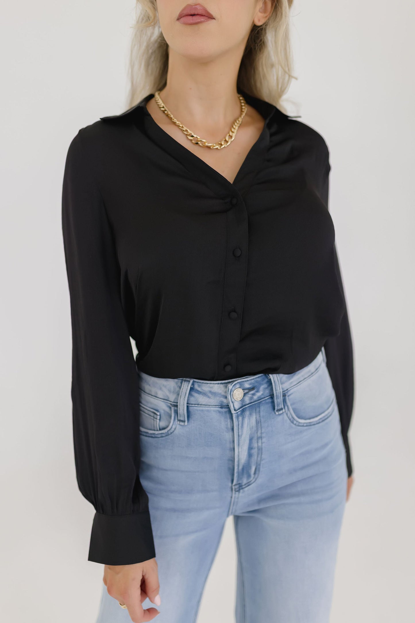 Colleen Long Sleeve Button Down Satin Top Black