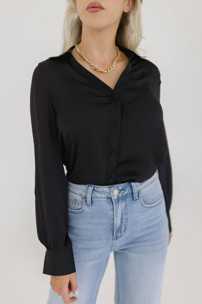 Colleen Long Sleeve Button Down Satin Top Black