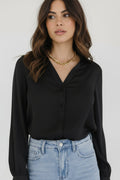 Colleen Long Sleeve Button Down Satin Top Black