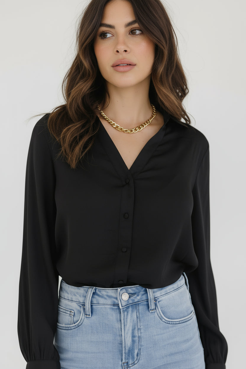 Colleen Long Sleeve Button Down Satin Top Black