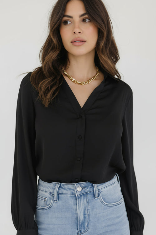 Colleen Long Sleeve Button Down Satin Top Black