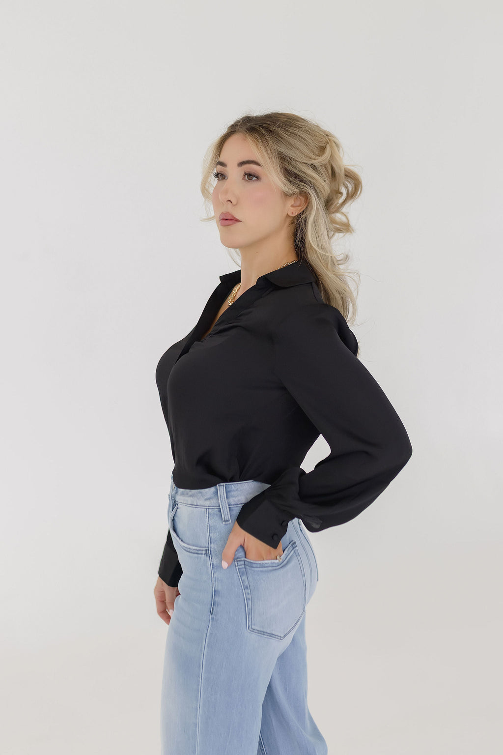 Colleen Long Sleeve Button Down Satin Top Black