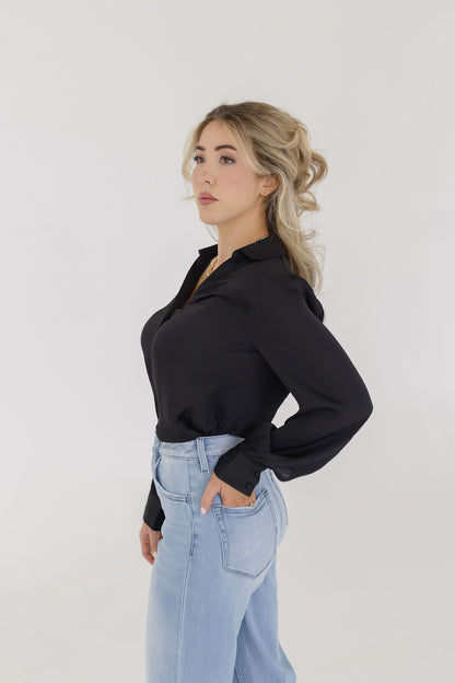 Colleen Long Sleeve Button Down Satin Top Black