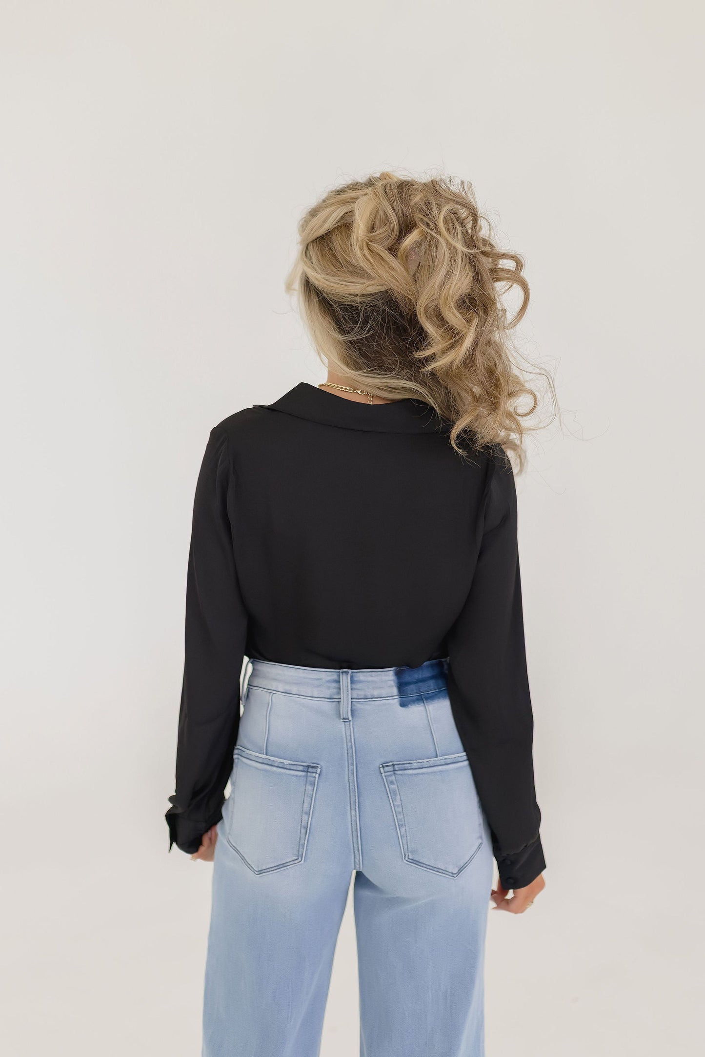 Colleen Long Sleeve Button Down Satin Top Black